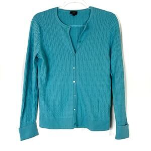 Talbots | Teal Blue Pima Cotton Cable Knit Cardigan Sweater Womens Large Petite